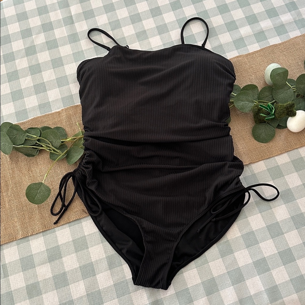 Black Ribbed One-Piece Swimsuit